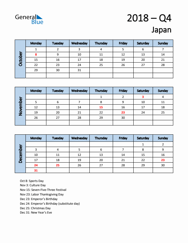 Free Q4 2018 Calendar for Japan - Monday Start