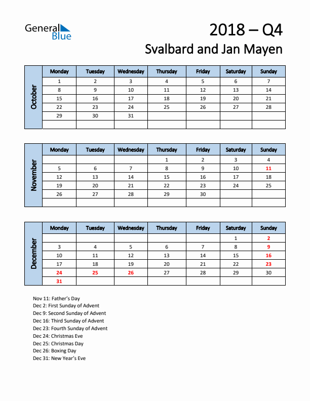 Free Q4 2018 Calendar for Svalbard and Jan Mayen - Monday Start