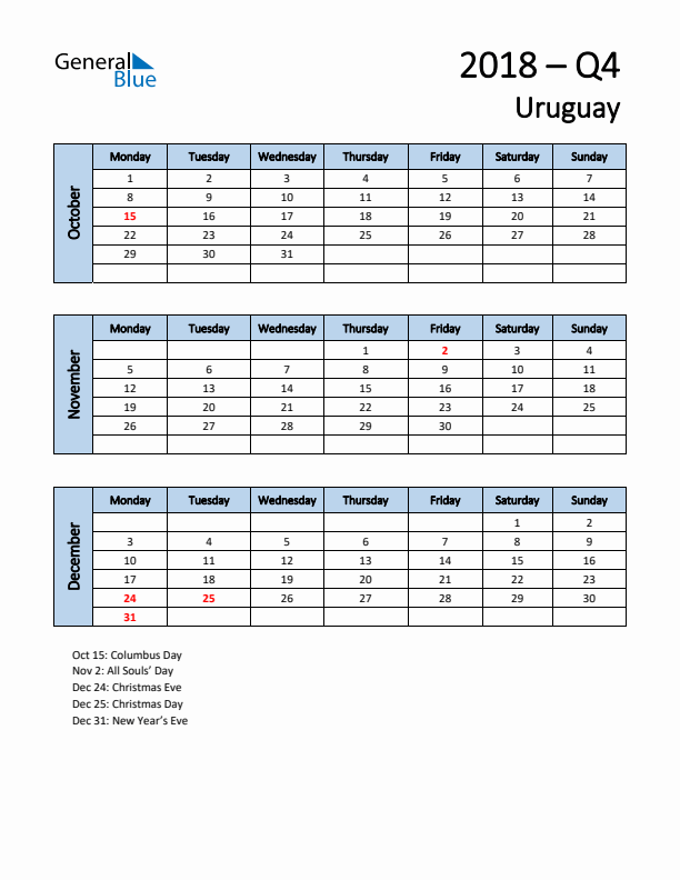 Free Q4 2018 Calendar for Uruguay - Monday Start