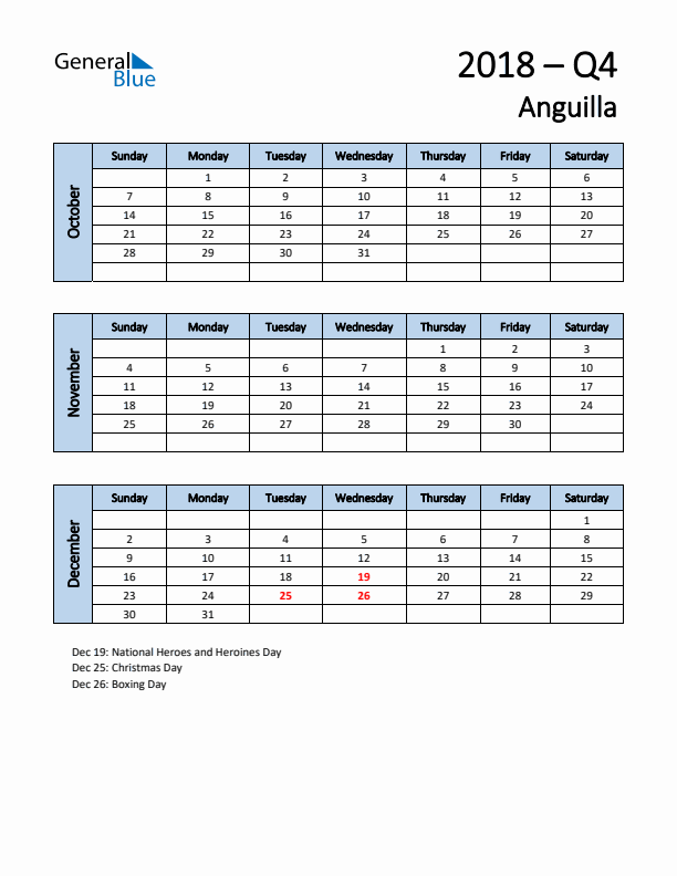 Free Q4 2018 Calendar for Anguilla - Sunday Start