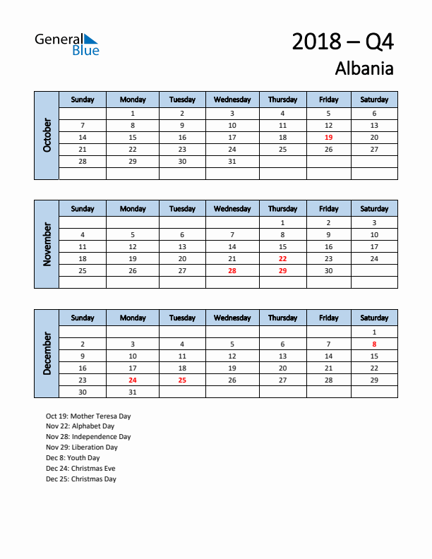 Free Q4 2018 Calendar for Albania - Sunday Start