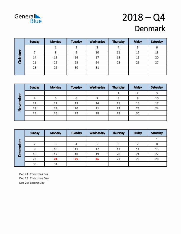 Free Q4 2018 Calendar for Denmark - Sunday Start