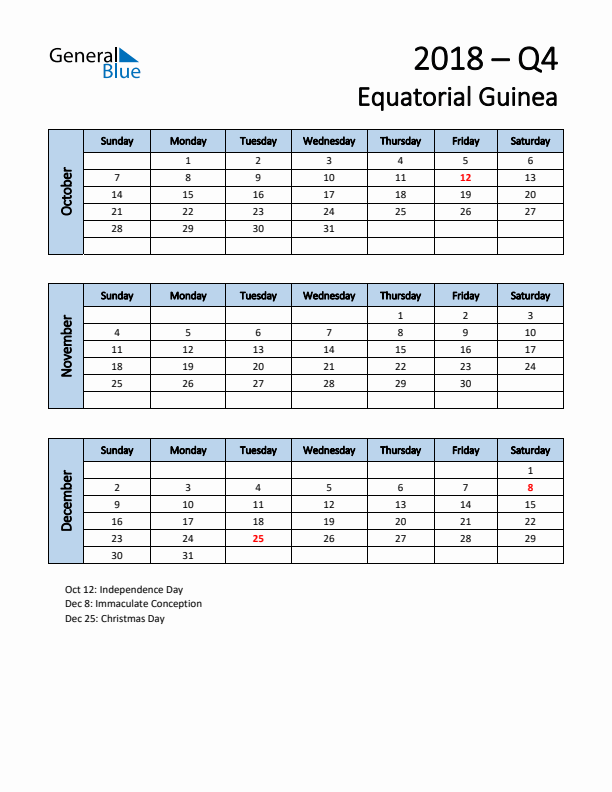 Free Q4 2018 Calendar for Equatorial Guinea - Sunday Start