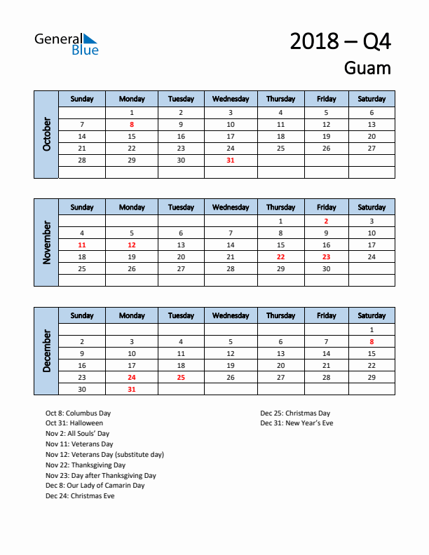 Free Q4 2018 Calendar for Guam - Sunday Start