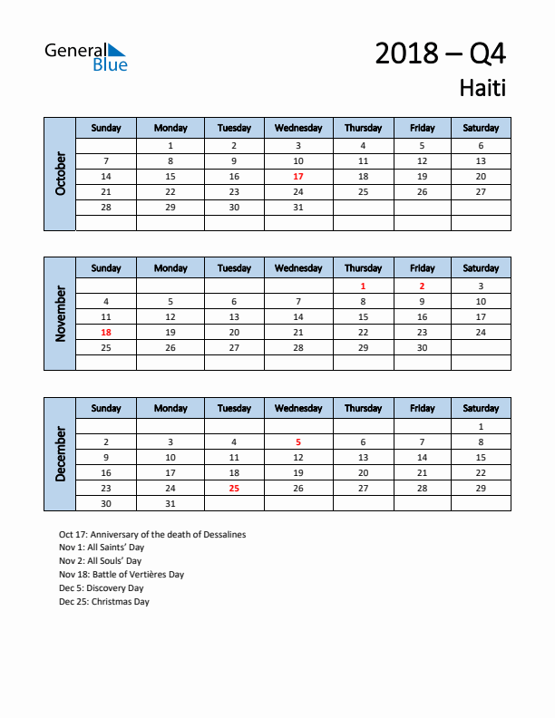 Free Q4 2018 Calendar for Haiti - Sunday Start