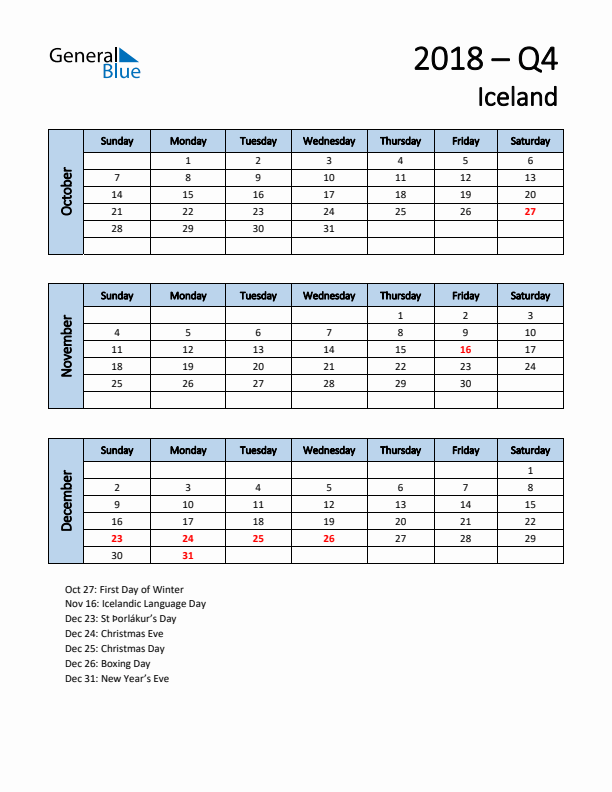 Free Q4 2018 Calendar for Iceland - Sunday Start