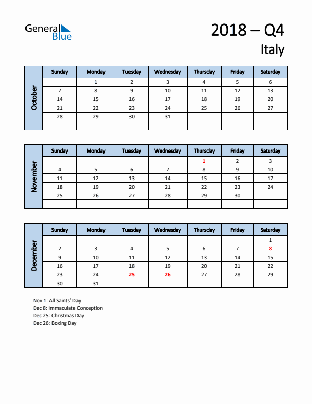 Free Q4 2018 Calendar for Italy - Sunday Start