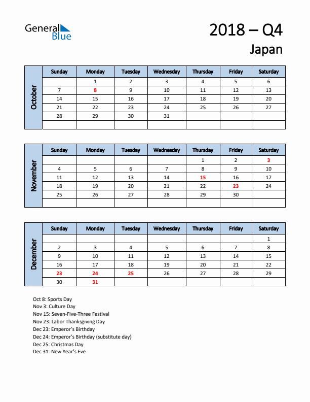 Free Q4 2018 Calendar for Japan - Sunday Start