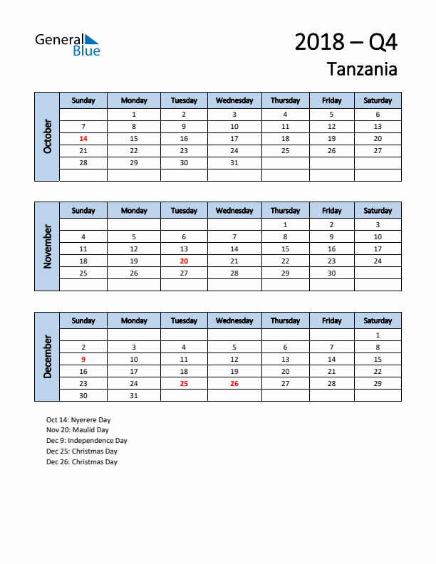 Free Q4 2018 Calendar for Tanzania - Sunday Start