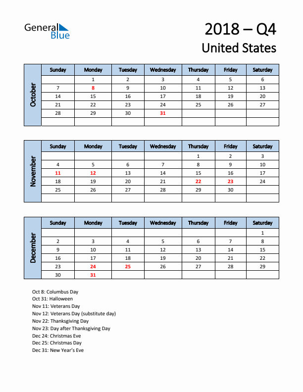 Free Q4 2018 Calendar for United States - Sunday Start