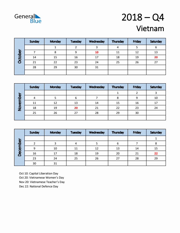 Free Q4 2018 Calendar for Vietnam - Sunday Start