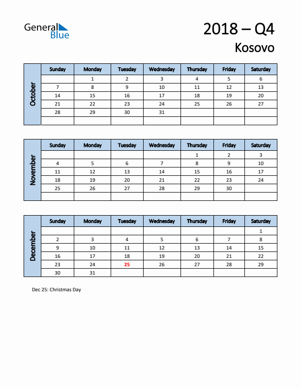 Free Q4 2018 Calendar for Kosovo - Sunday Start