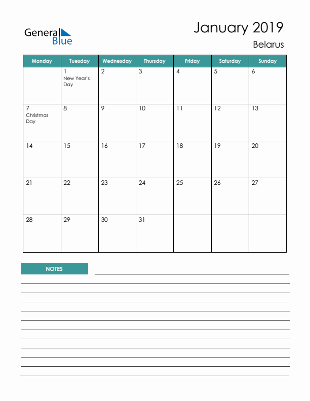 Calendar with Notes Printable - Monday Start