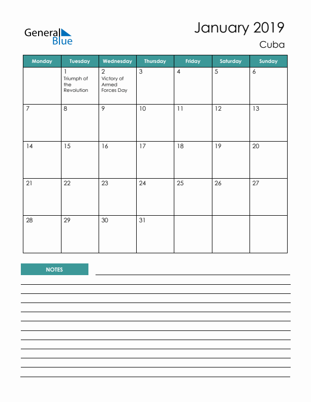 Calendar with Notes Printable - Monday Start