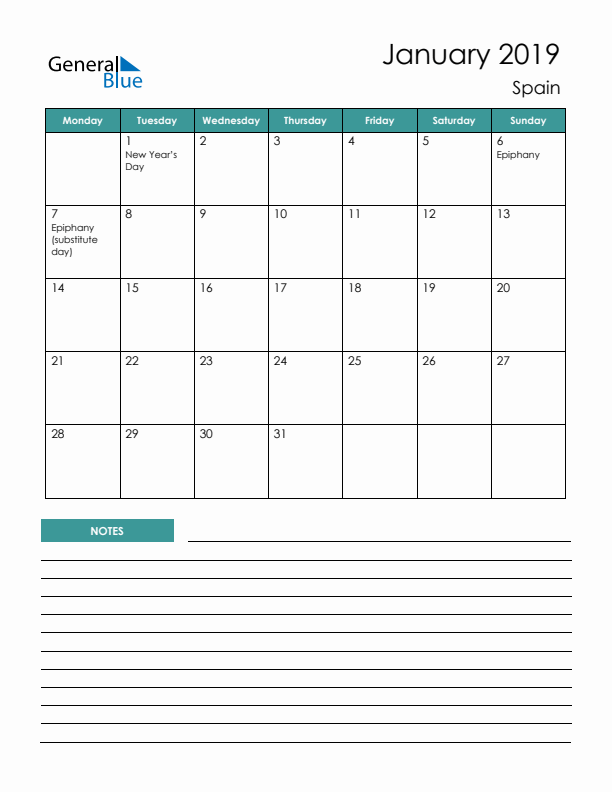 Calendar with Notes Printable - Monday Start