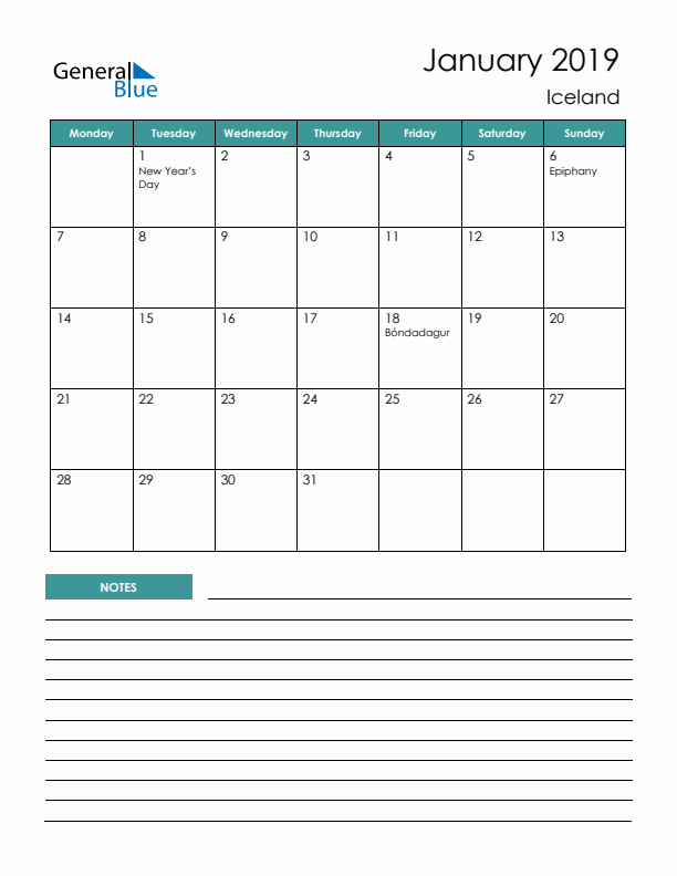 Calendar with Notes Printable - Monday Start