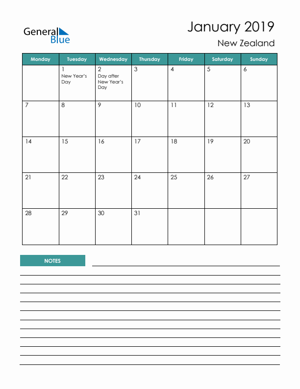 Calendar with Notes Printable - Monday Start