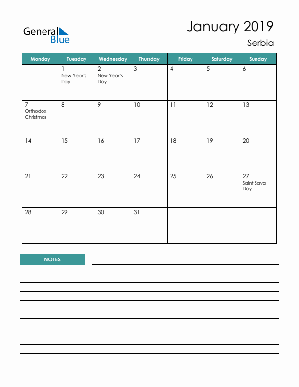 Calendar with Notes Printable - Monday Start