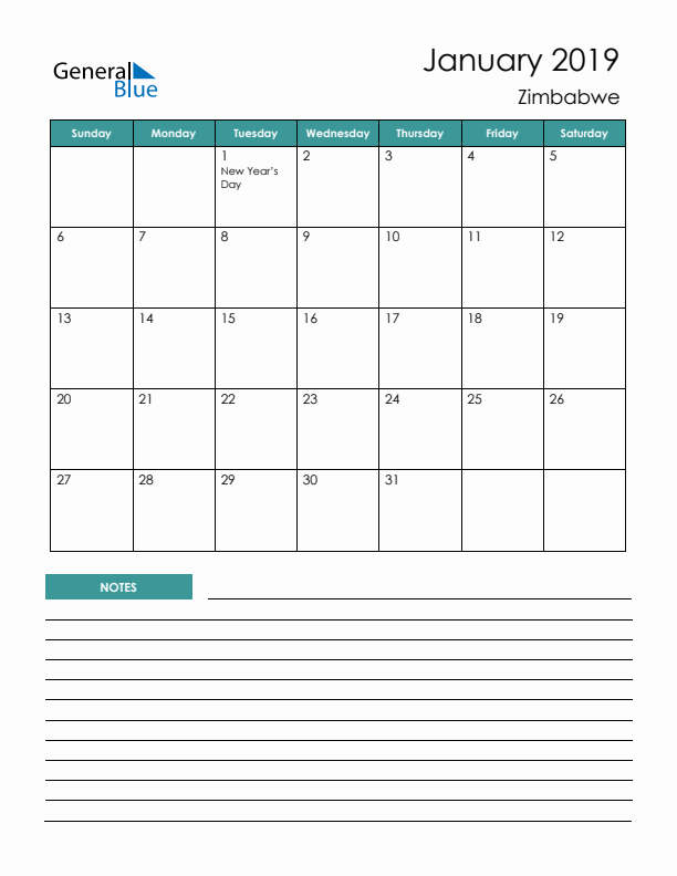 Calendar with Notes Printable - Sunday Start