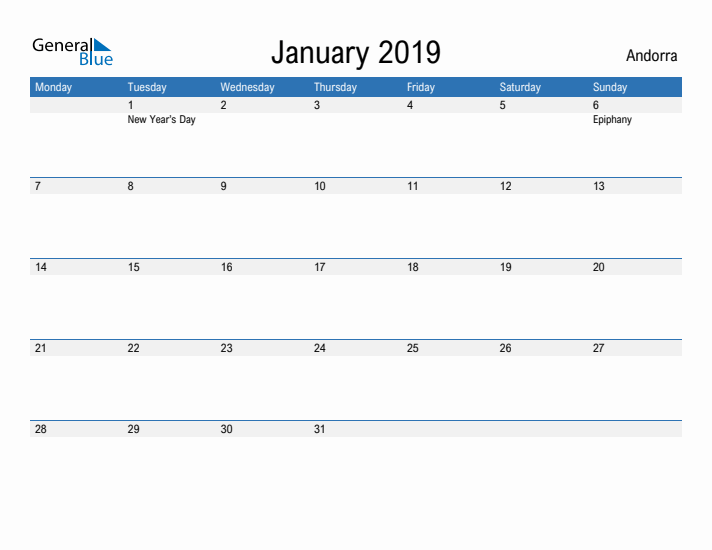 Fillable January 2019 Calendar