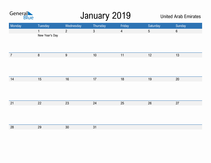 Fillable January 2019 Calendar