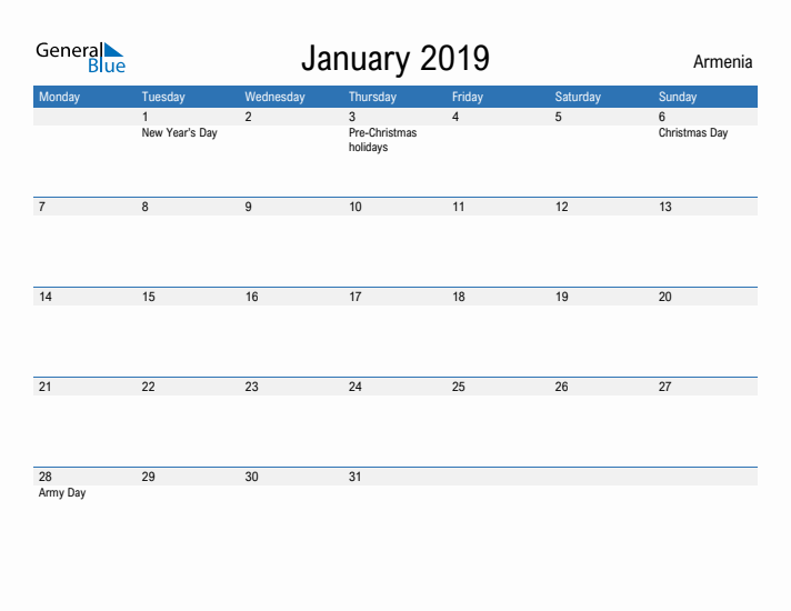 Fillable January 2019 Calendar