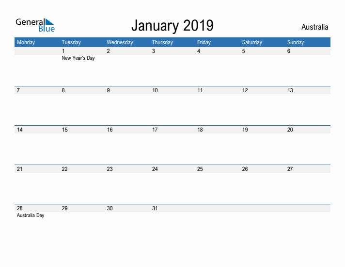 Fillable January 2019 Calendar