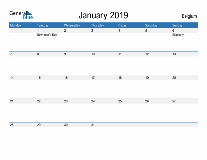 Fillable January 2019 Calendar