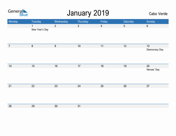 Fillable January 2019 Calendar