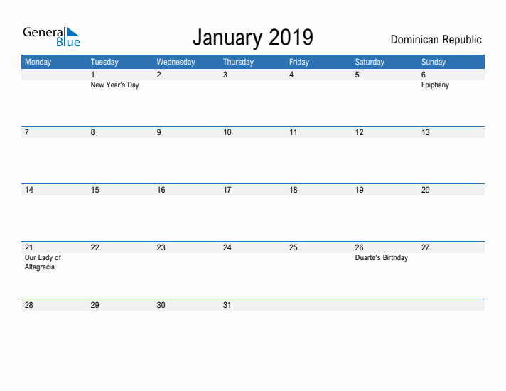 Fillable January 2019 Calendar