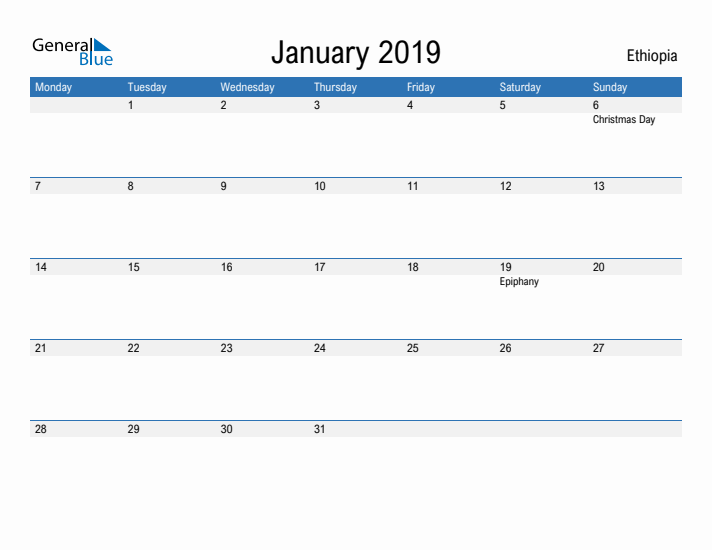 Fillable January 2019 Calendar