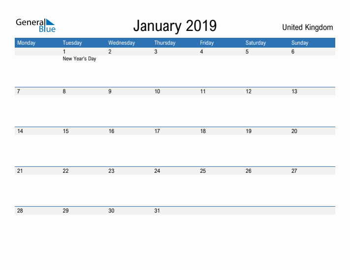 Fillable January 2019 Calendar