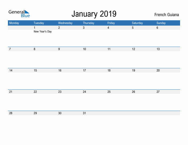 Fillable January 2019 Calendar