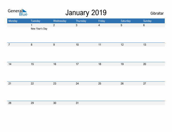 Fillable January 2019 Calendar