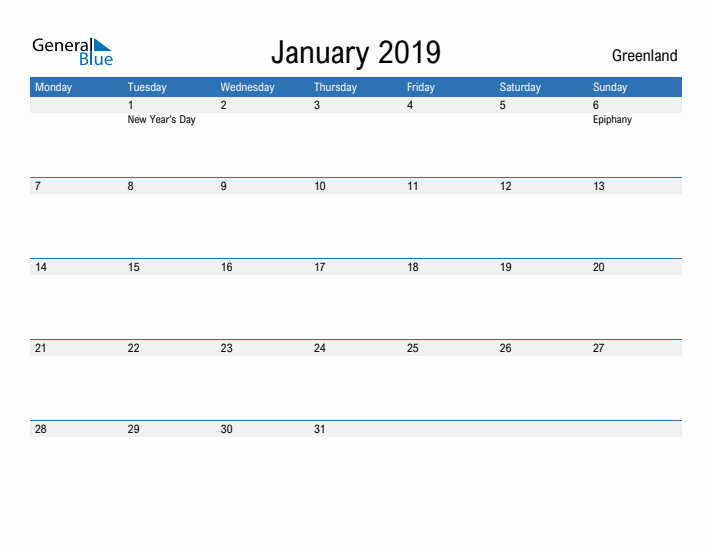 Fillable January 2019 Calendar