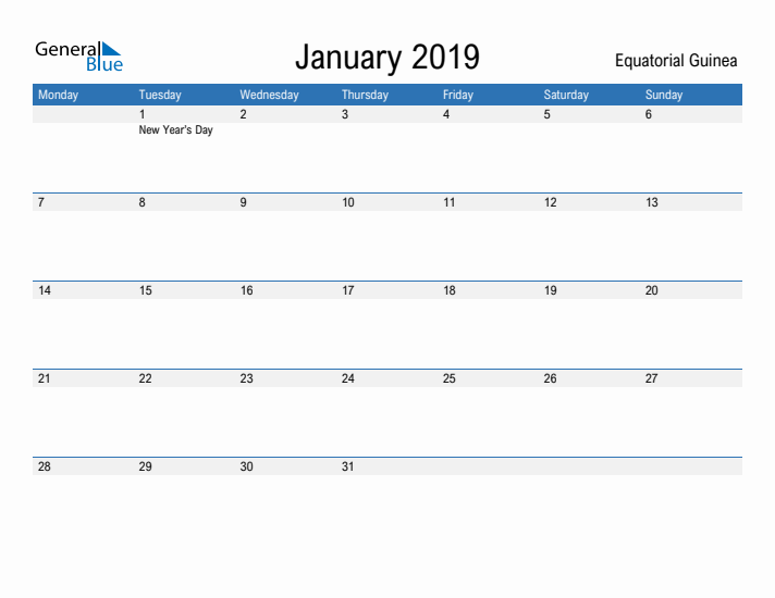 Fillable January 2019 Calendar