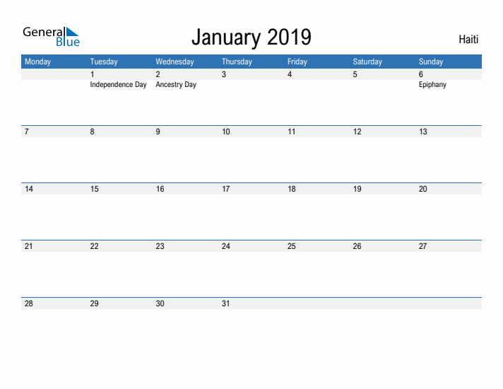 Fillable January 2019 Calendar