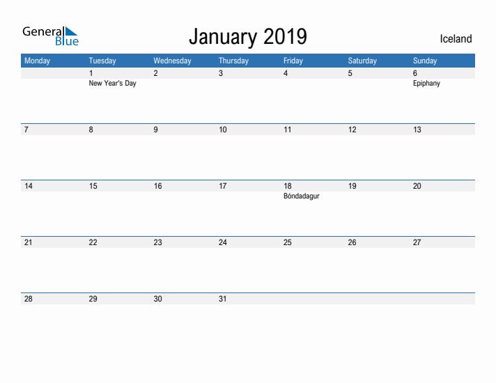 Fillable January 2019 Calendar