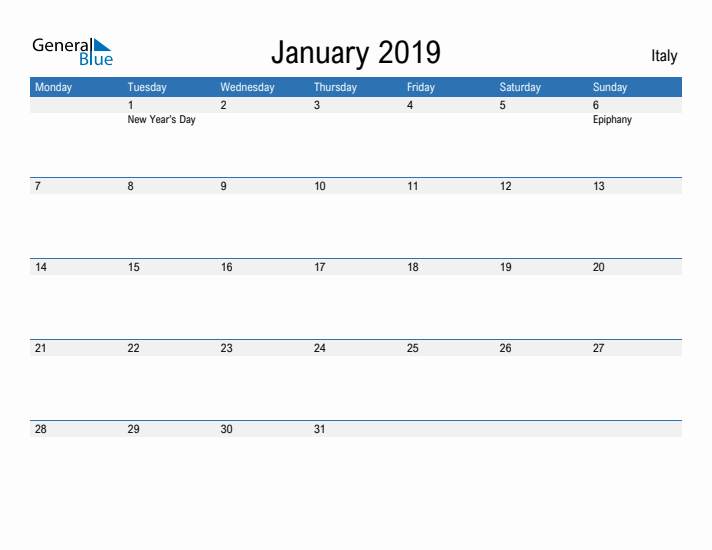 Fillable January 2019 Calendar