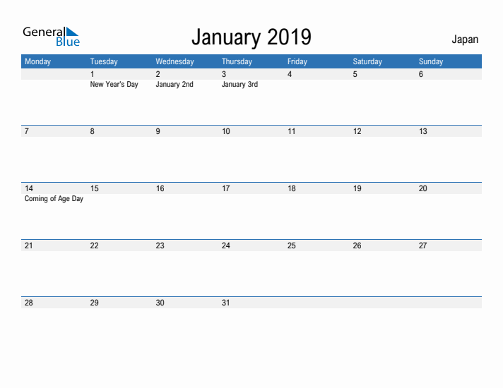 Fillable January 2019 Calendar