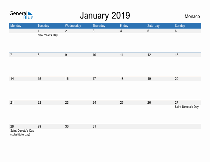 Fillable January 2019 Calendar