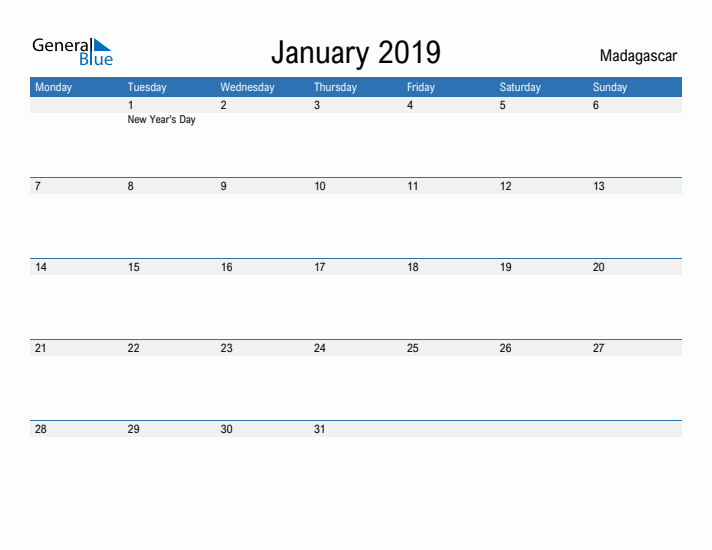 Fillable January 2019 Calendar