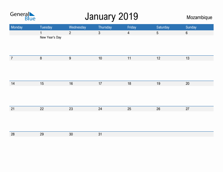 Fillable January 2019 Calendar