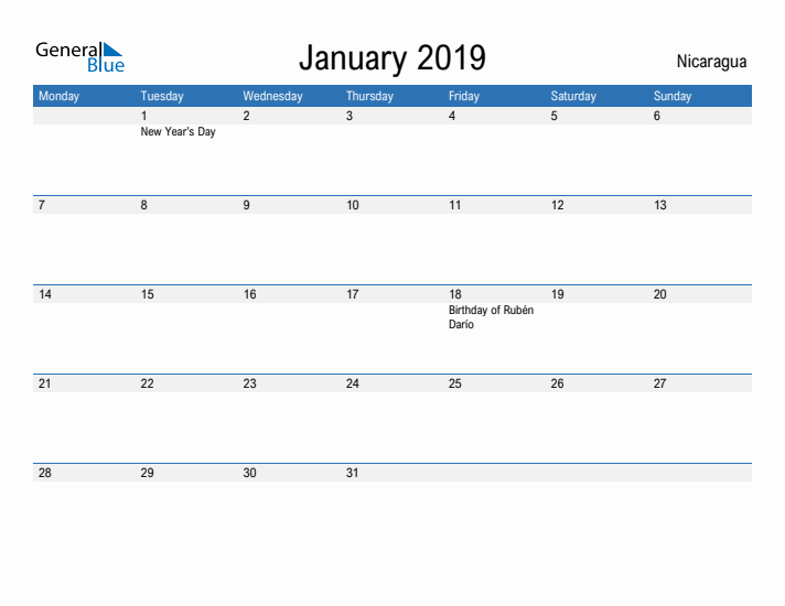 Fillable January 2019 Calendar