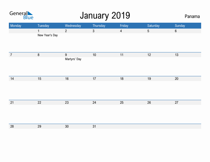 Fillable January 2019 Calendar