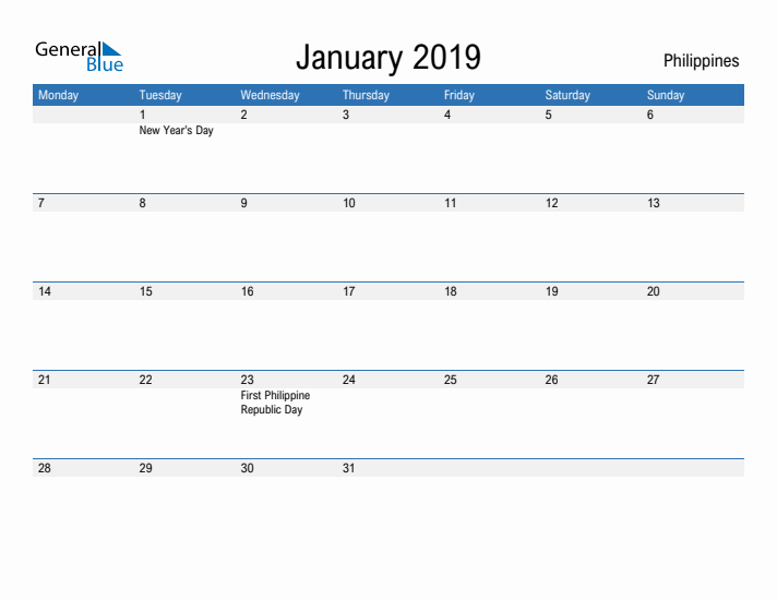 Fillable January 2019 Calendar