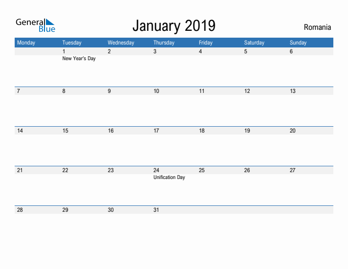 Fillable January 2019 Calendar