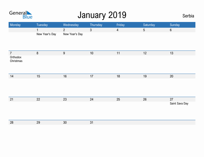 Fillable January 2019 Calendar