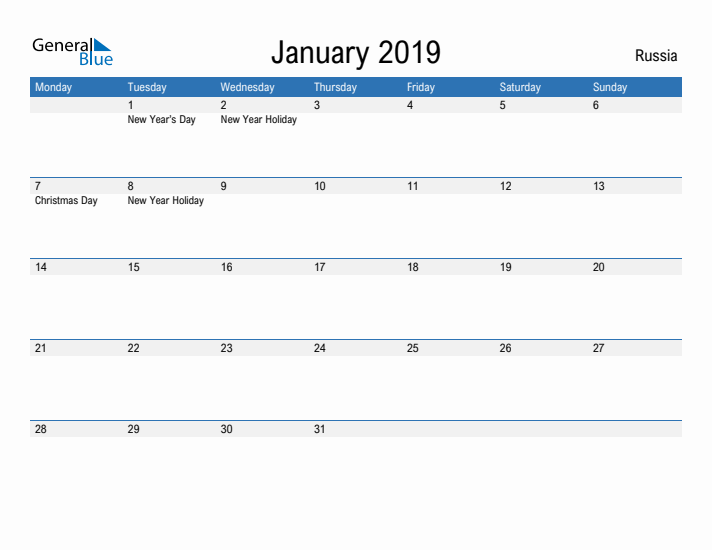 Fillable January 2019 Calendar