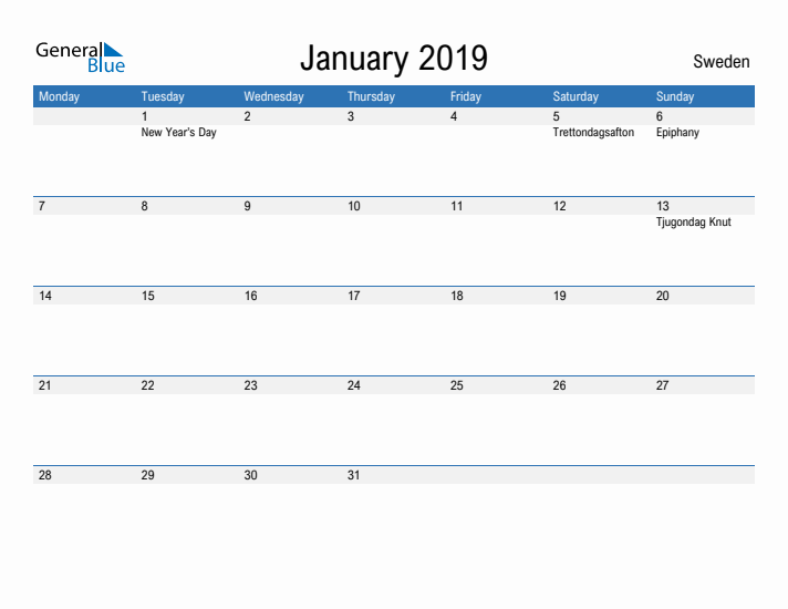 Fillable January 2019 Calendar